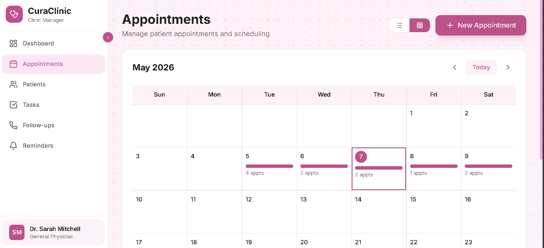 Appointments Calendar - monthly view showing appointment distribution across days
