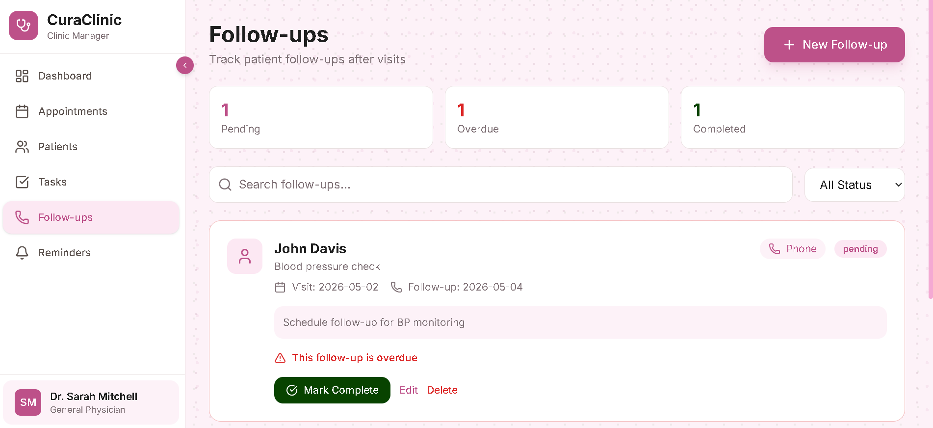 Follow-ups - post-visit tracking with overdue alerts and completion status