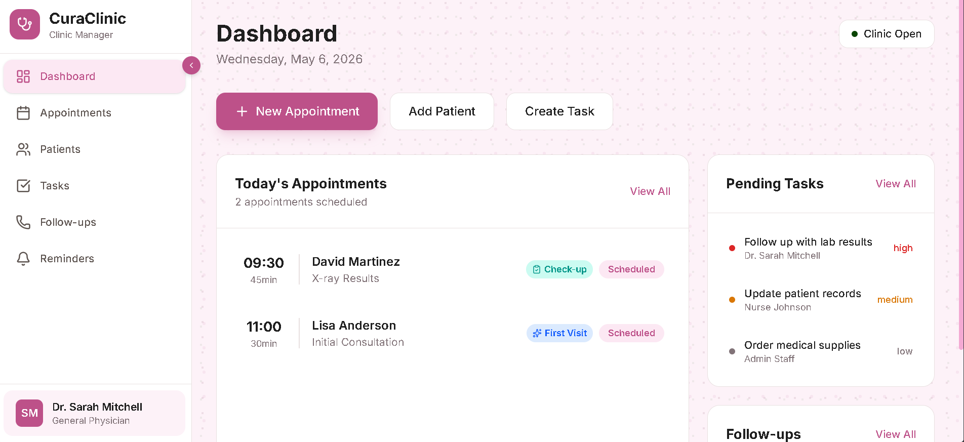 Patients - searchable database with patient cards showing contact info and visit history