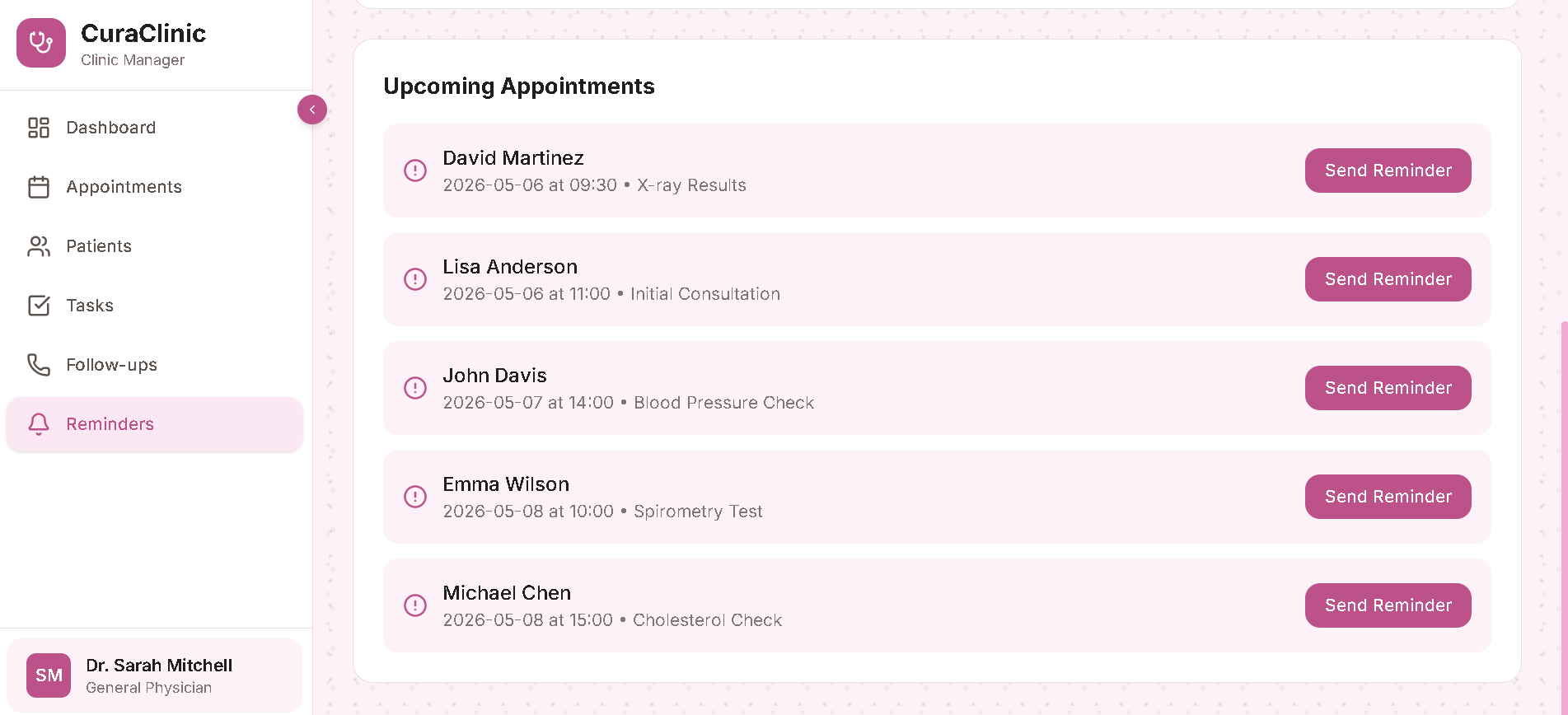Reminders - upcoming appointments with quick-send reminder buttons