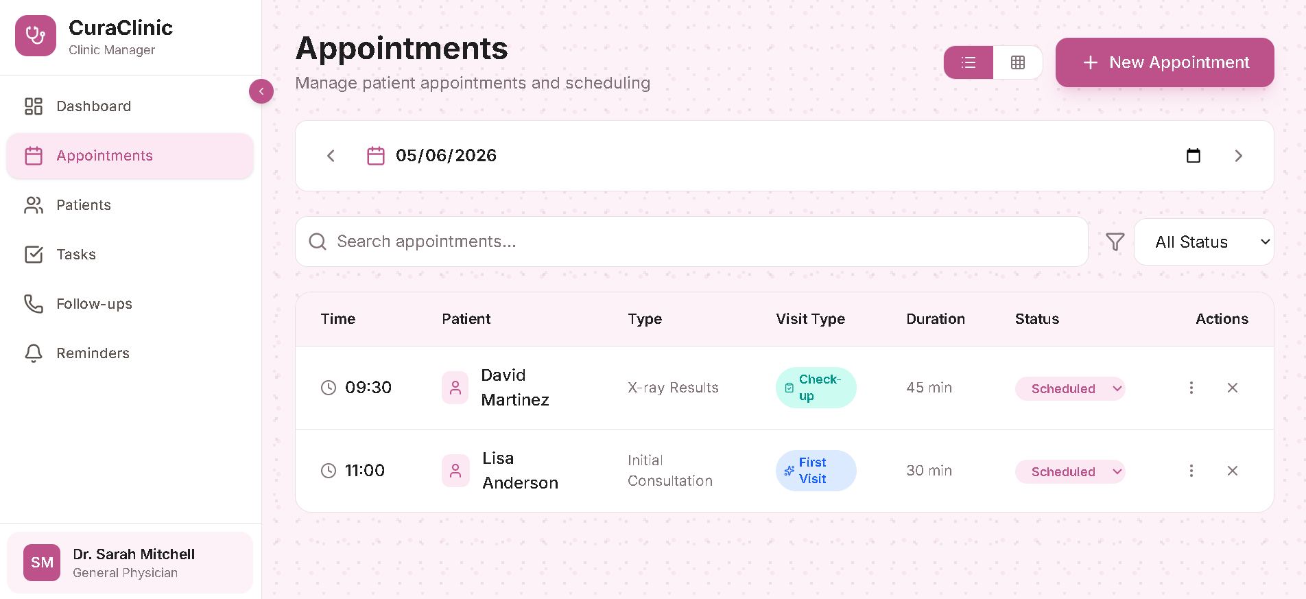 Appointments Table - detailed list view with patient info, visit types, and status