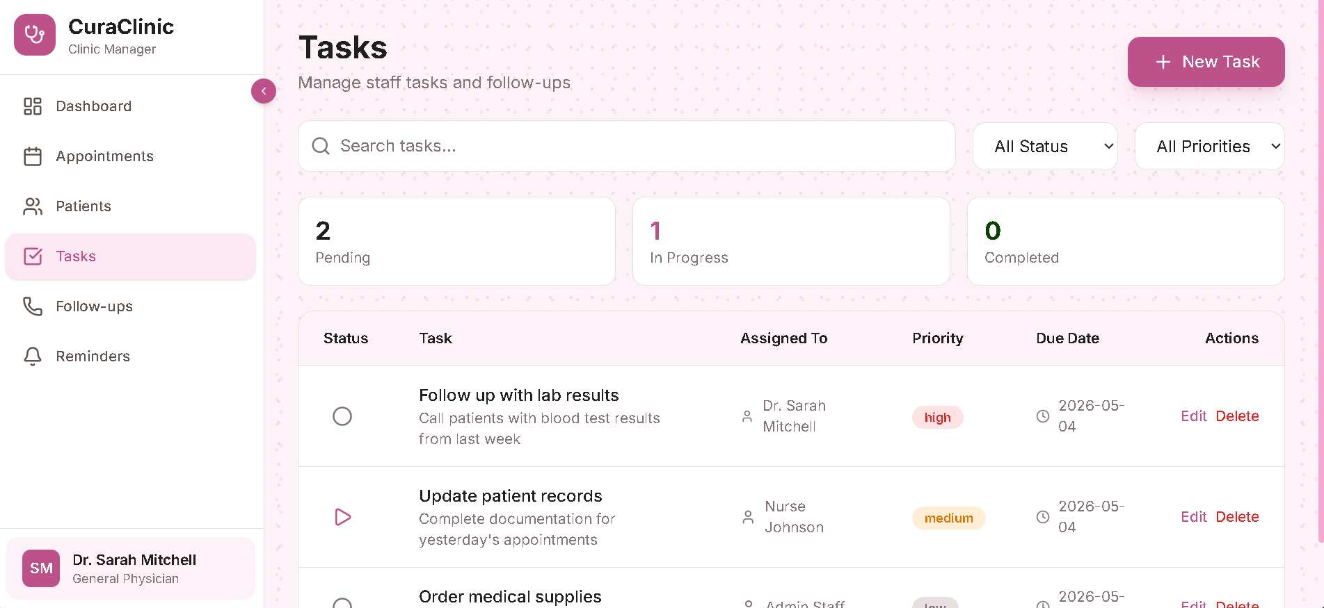 Tasks - staff task list with priorities, assignees, and status tracking