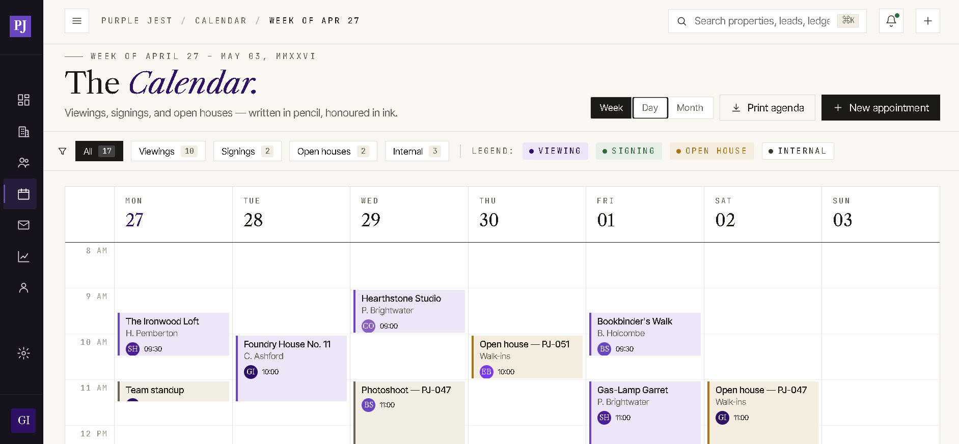 Calendar - week view with viewings, signings, and open houses colour-coded by type