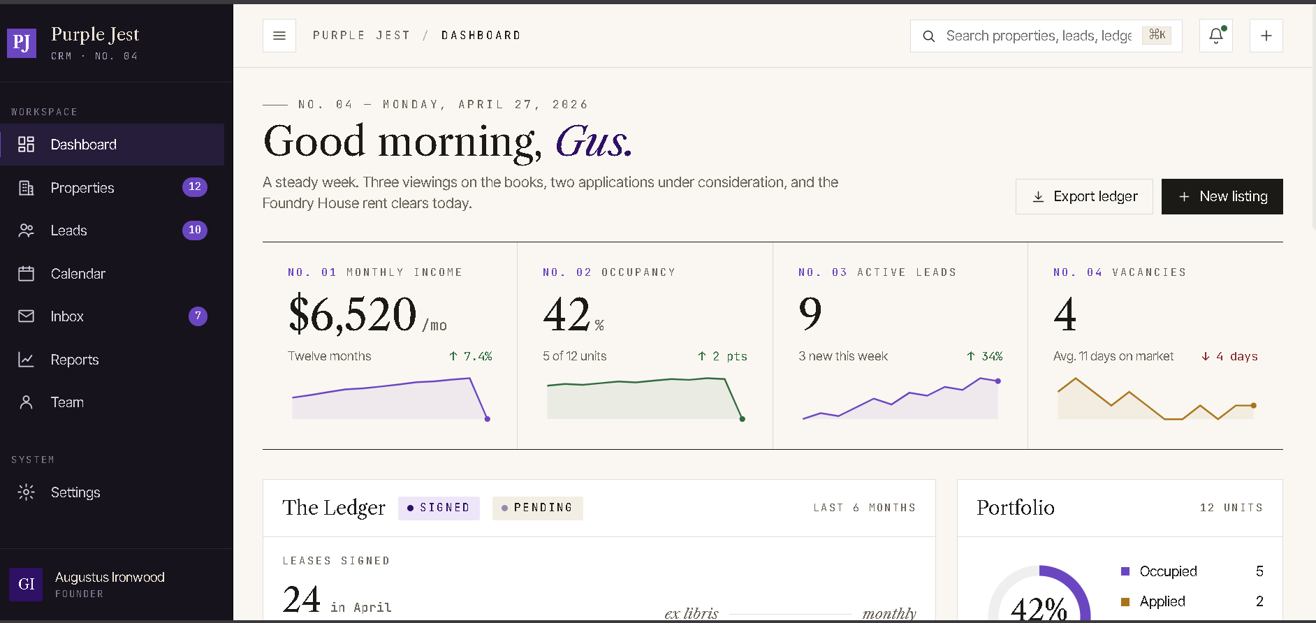 CRM Dashboard - monthly income, occupancy, active leads, and vacancies at a glance