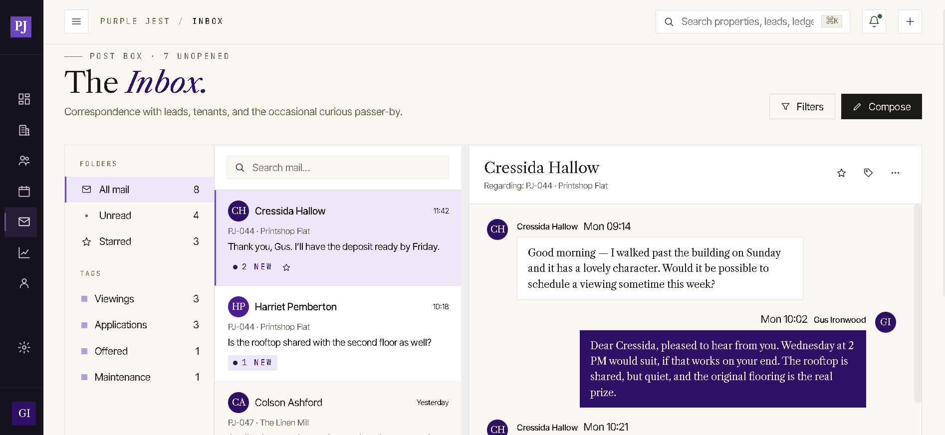 Inbox - correspondence linked to properties and leads, with threaded conversation view