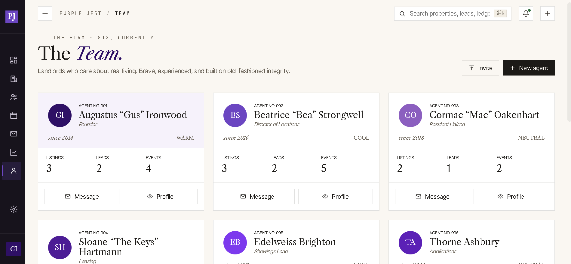 Team - six agent profiles with listings, leads, and event counts
