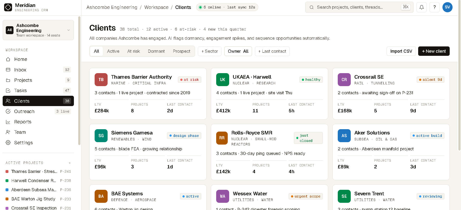 Clients - 38 companies with LTV, project count, last contact, and AI health status