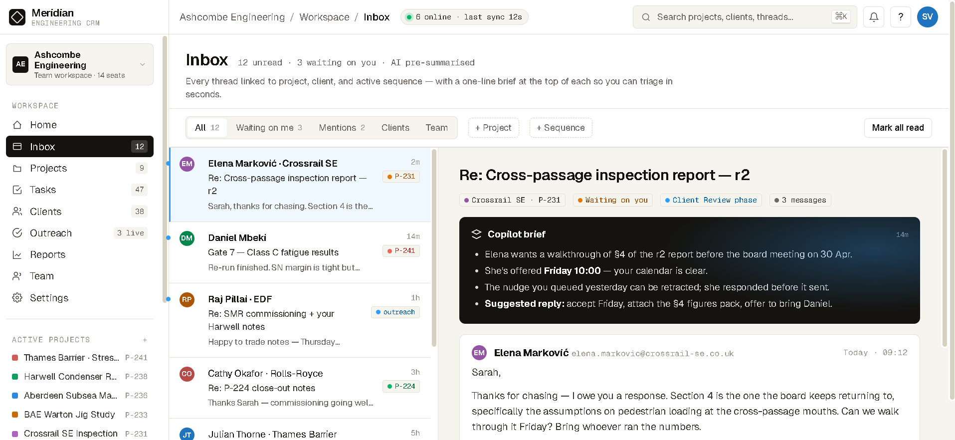Inbox - AI pre-summarised messages linked to projects, clients, and outreach sequences